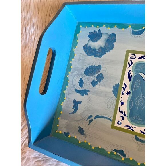 Vintage Hand Painted Wooden 10”X15” Blue Teacup Serving Tray - Picture 3 of 11